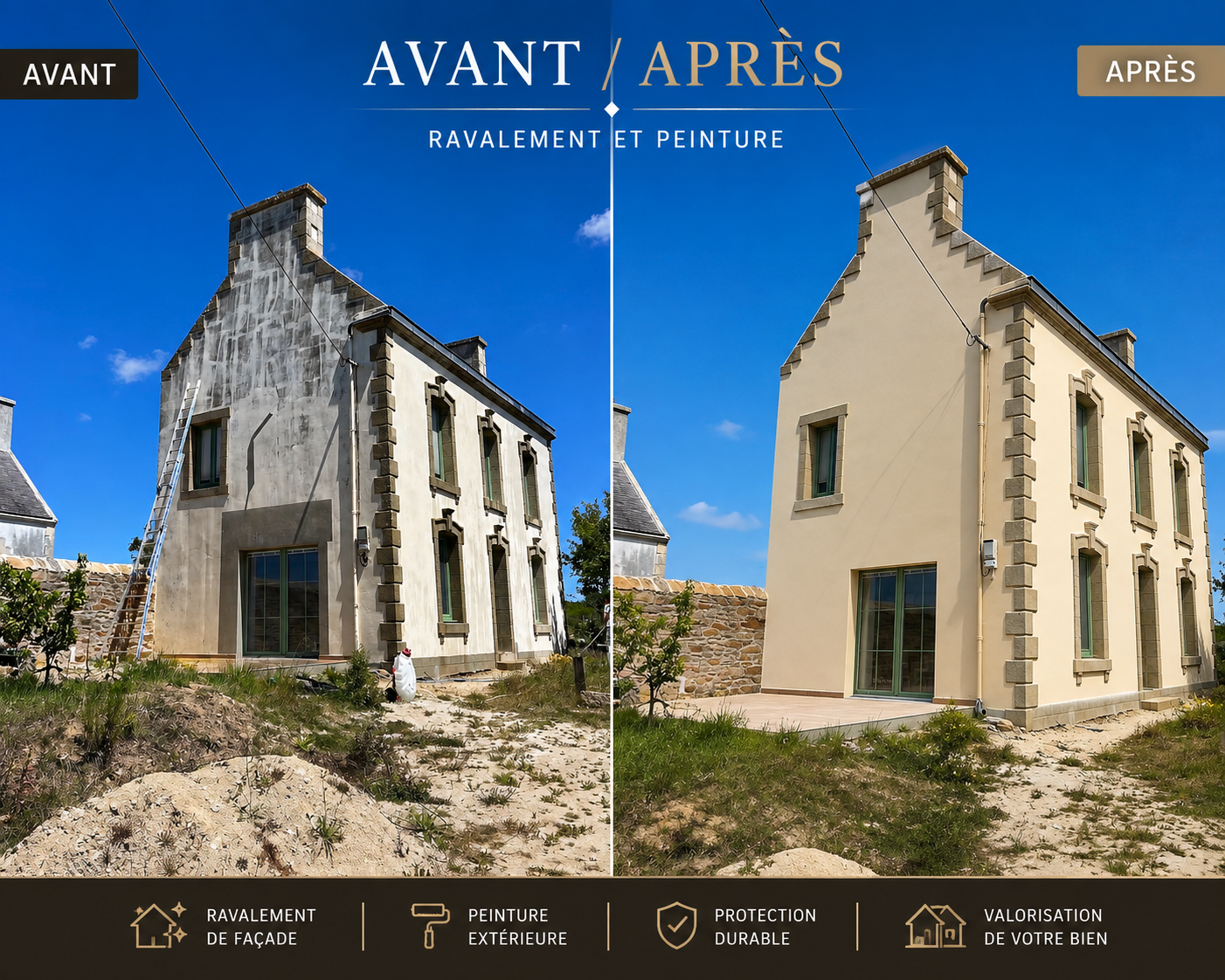 Avant / après d'un ravalement de façade avec peinture extérieure sur une maison dans les Yvelines