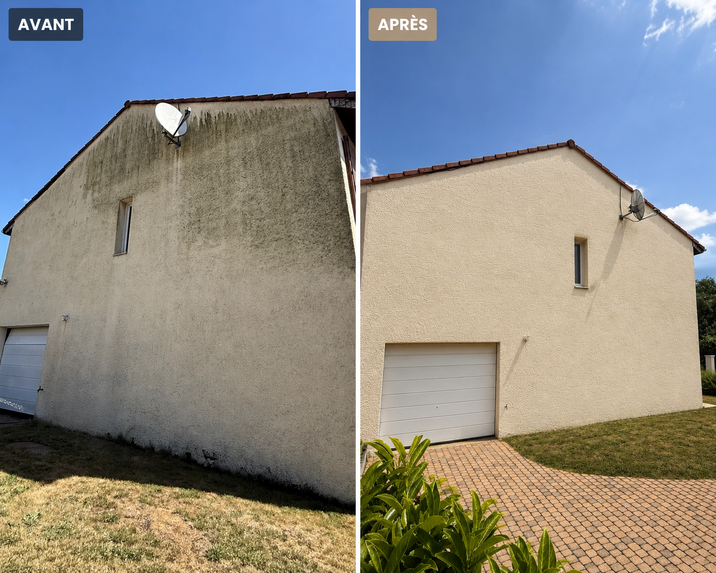 Avant / après du nettoyage d'un pignon de maison encrassé par les mousses