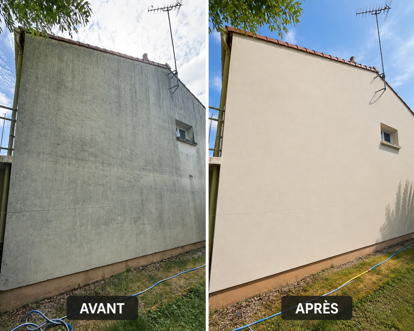 Avant / après du nettoyage et de la remise en peinture d'un mur de façade